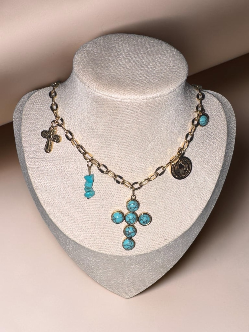Gold-Tone Chain Necklace with Turquoise Cross Charm Stainless  Steel New